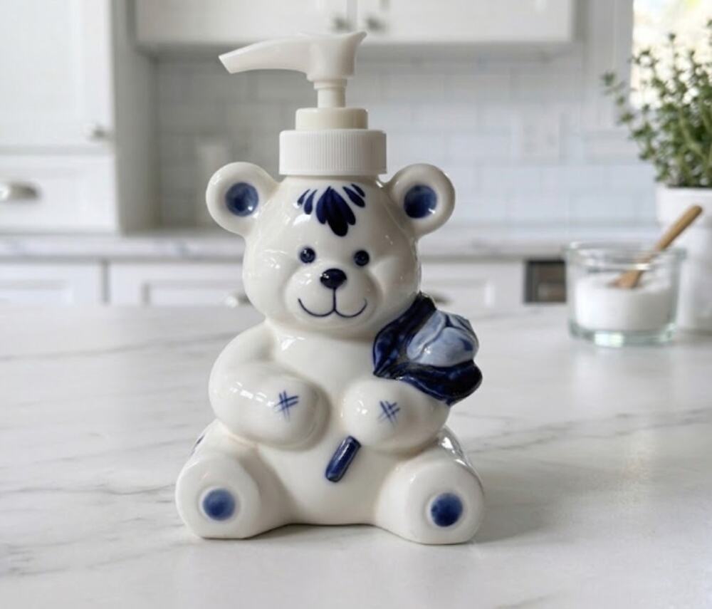 Vintage Delft Blue Ceramic Bear Soap Pump | Handpainted Dispenser